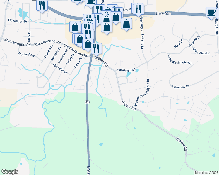 map of restaurants, bars, coffee shops, grocery stores, and more near 36 Whispering Oaks Drive in Washington