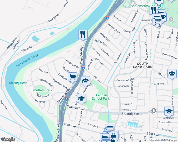 map of restaurants, bars, coffee shops, grocery stores, and more near 1121 27th Avenue in Sacramento