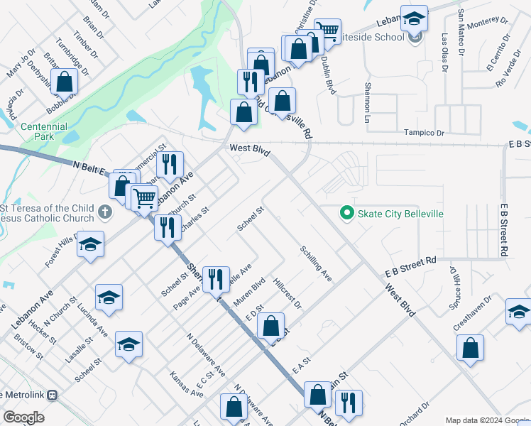 map of restaurants, bars, coffee shops, grocery stores, and more near 1130 Schilling Avenue in Belleville