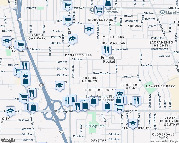 map of restaurants, bars, coffee shops, grocery stores, and more near 4971 Mendocino Boulevard in Sacramento