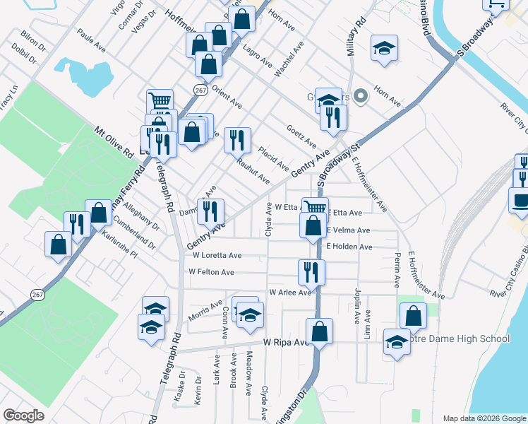 map of restaurants, bars, coffee shops, grocery stores, and more near 9521 Clyde Ave in St Louis