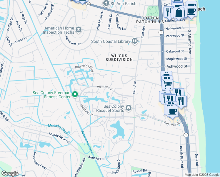 map of restaurants, bars, coffee shops, grocery stores, and more near 18005 Lakeview Court in Bethany Beach