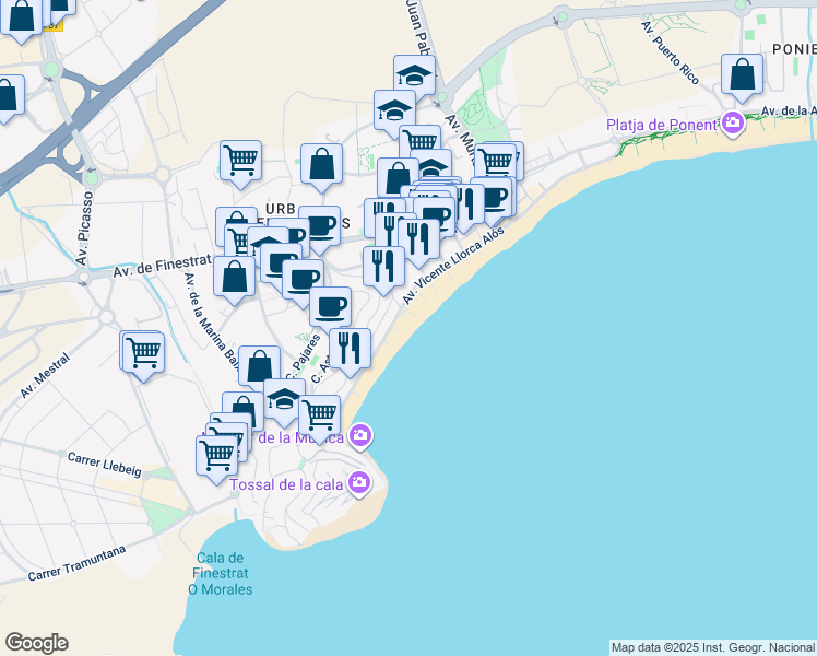 map of restaurants, bars, coffee shops, grocery stores, and more near 23 Avenida Vicente Llorca Alós in Benidorm