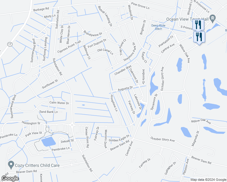 map of restaurants, bars, coffee shops, grocery stores, and more near 116 Augusta Drive in Ocean View