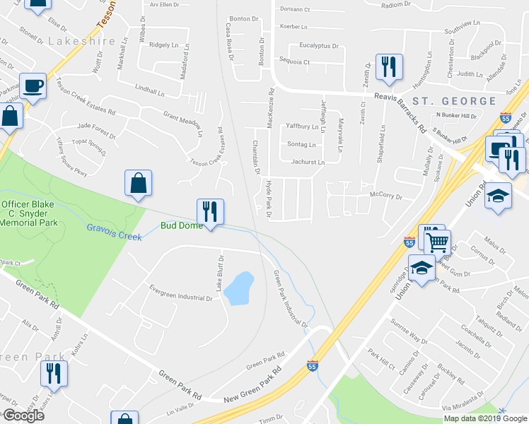 map of restaurants, bars, coffee shops, grocery stores, and more near 10244 Jeffrey David Court in Saint Louis
