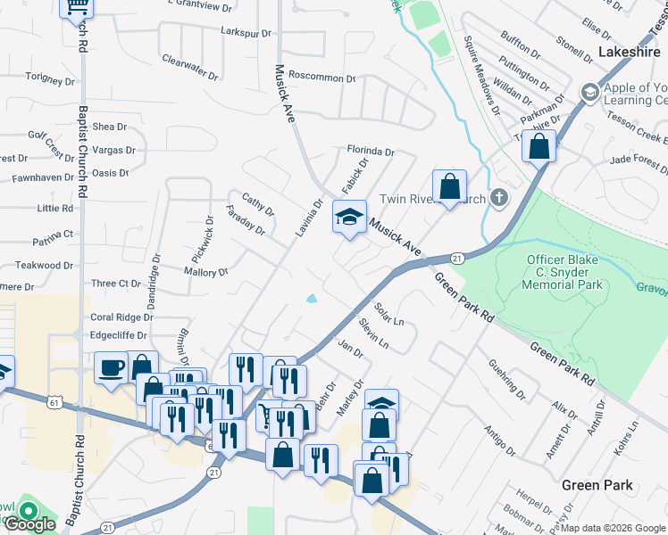 map of restaurants, bars, coffee shops, grocery stores, and more near 10060 Saint Simon Court in St. Louis