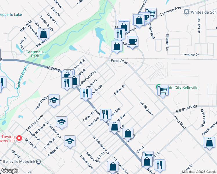 map of restaurants, bars, coffee shops, grocery stores, and more near 1831 Lasalle Street in Belleville