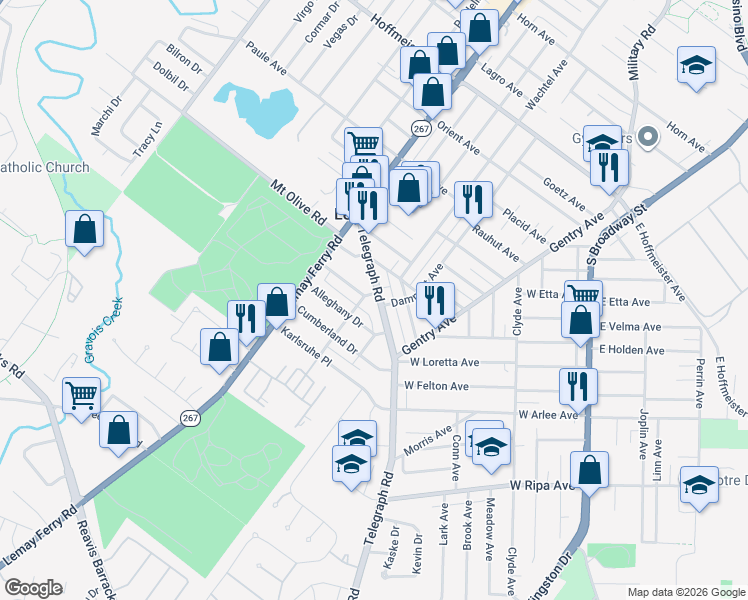 map of restaurants, bars, coffee shops, grocery stores, and more near 1405 Telegraph Road in St. Louis