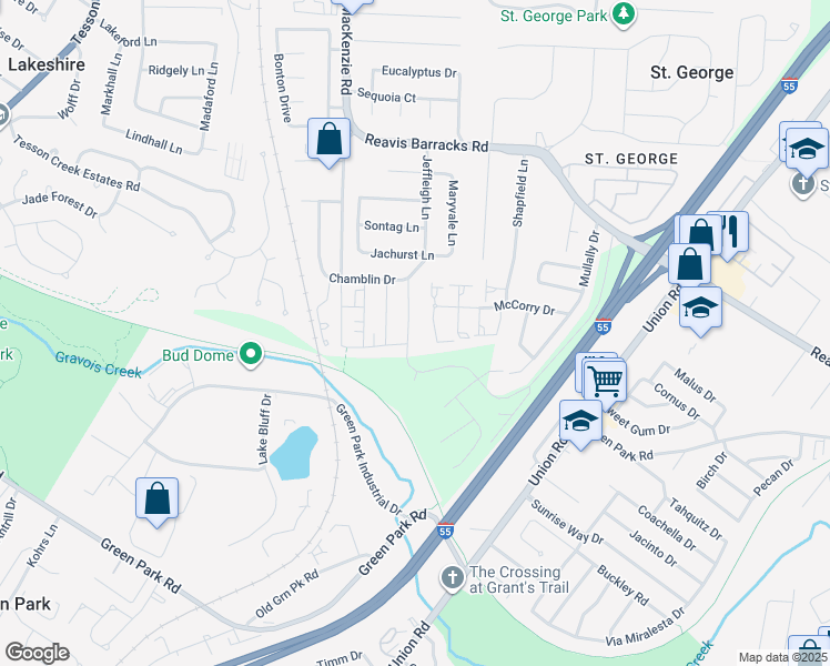 map of restaurants, bars, coffee shops, grocery stores, and more near 10256 Jeffleigh Lane in Affton