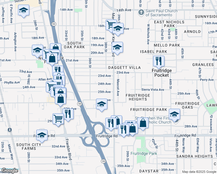 map of restaurants, bars, coffee shops, grocery stores, and more near 3816 24th Avenue in Sacramento