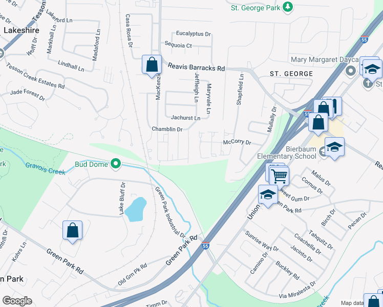 map of restaurants, bars, coffee shops, grocery stores, and more near 10256 Jeffleigh Lane in Affton