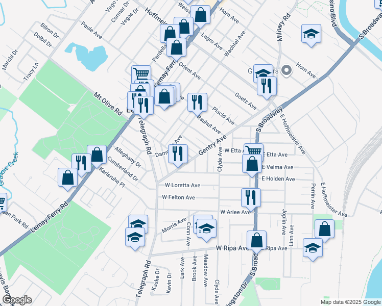 map of restaurants, bars, coffee shops, grocery stores, and more near 9712 Gentry Avenue in St. Louis