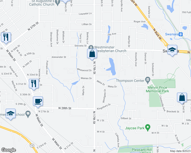 map of restaurants, bars, coffee shops, grocery stores, and more near 1218 North 17th Street in Swansea