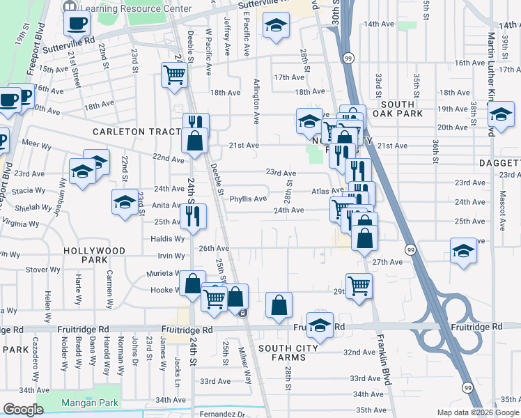 map of restaurants, bars, coffee shops, grocery stores, and more near 2631 24th Avenue in Sacramento