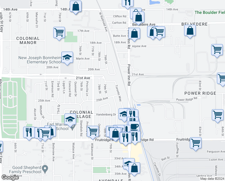map of restaurants, bars, coffee shops, grocery stores, and more near 4945 79th Street in Sacramento
