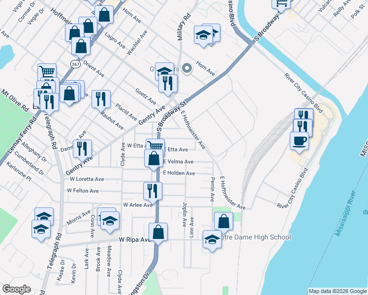 map of restaurants, bars, coffee shops, grocery stores, and more near 155 East Etta Avenue in St. Louis