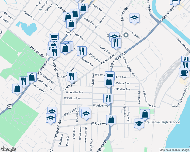 map of restaurants, bars, coffee shops, grocery stores, and more near 9521 Clyde Avenue in St. Louis