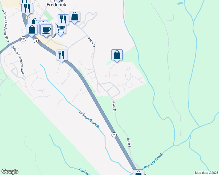 map of restaurants, bars, coffee shops, grocery stores, and more near 120 Calvert Towne Way in Prince Frederick