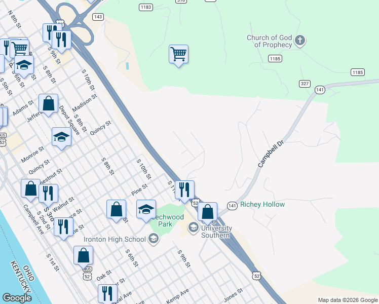 map of restaurants, bars, coffee shops, grocery stores, and more near 1324 Penobscot Trail in Ironton
