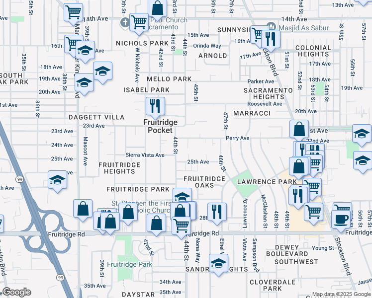 map of restaurants, bars, coffee shops, grocery stores, and more near 4388 Perry Avenue in Sacramento