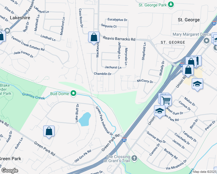 map of restaurants, bars, coffee shops, grocery stores, and more near 10255 Reavis Gardens Drive in St. Louis