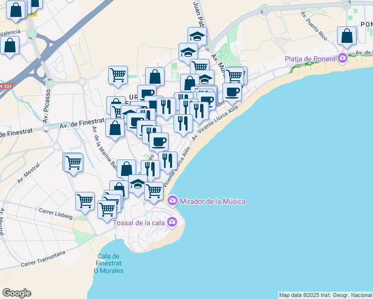 map of restaurants, bars, coffee shops, grocery stores, and more near 23 Avenida Vicente Llorca Alós in Benidorm