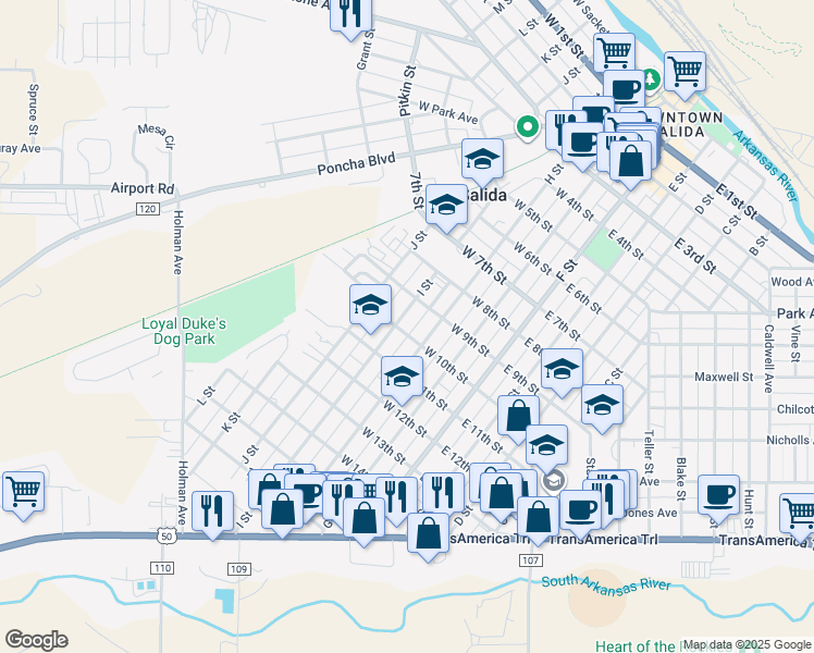 map of restaurants, bars, coffee shops, grocery stores, and more near 945 I Street in Salida