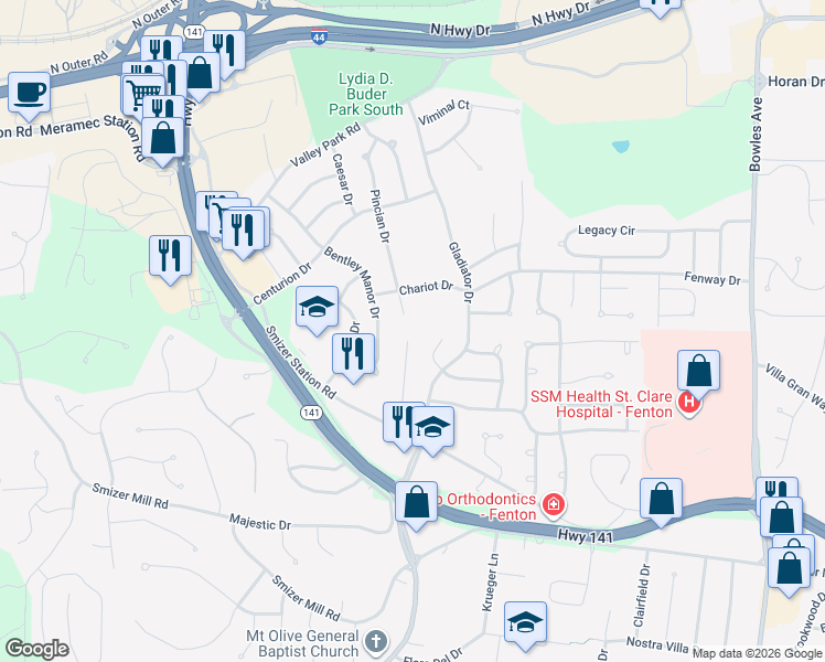 map of restaurants, bars, coffee shops, grocery stores, and more near 2407 Smizer Mill Estates Drive in Fenton