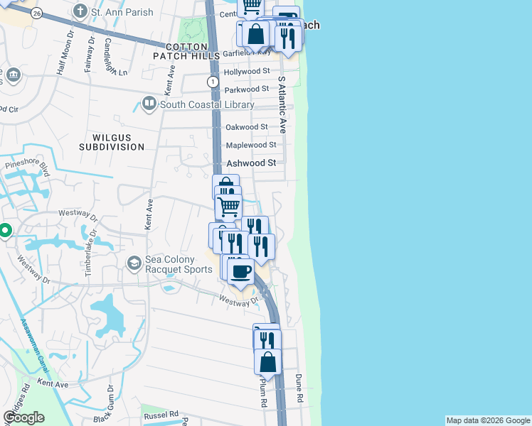 map of restaurants, bars, coffee shops, grocery stores, and more near 602 Brandywine House in Bethany Beach
