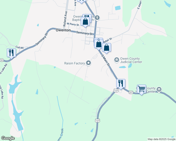 map of restaurants, bars, coffee shops, grocery stores, and more near 105 Robin Drive in Owenton