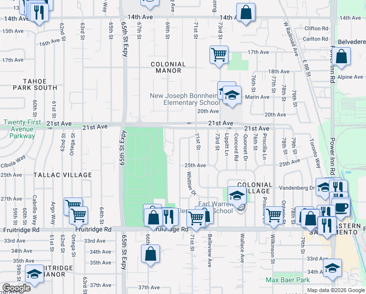 map of restaurants, bars, coffee shops, grocery stores, and more near 4950 Whittier Drive in Sacramento