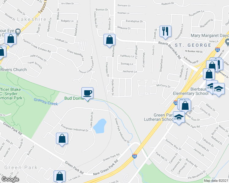 map of restaurants, bars, coffee shops, grocery stores, and more near 10230 MacKenzie Road in St. Louis