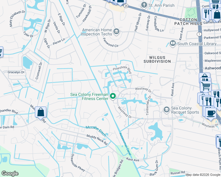 map of restaurants, bars, coffee shops, grocery stores, and more near 33302 Pine Branch Way in South Bethany