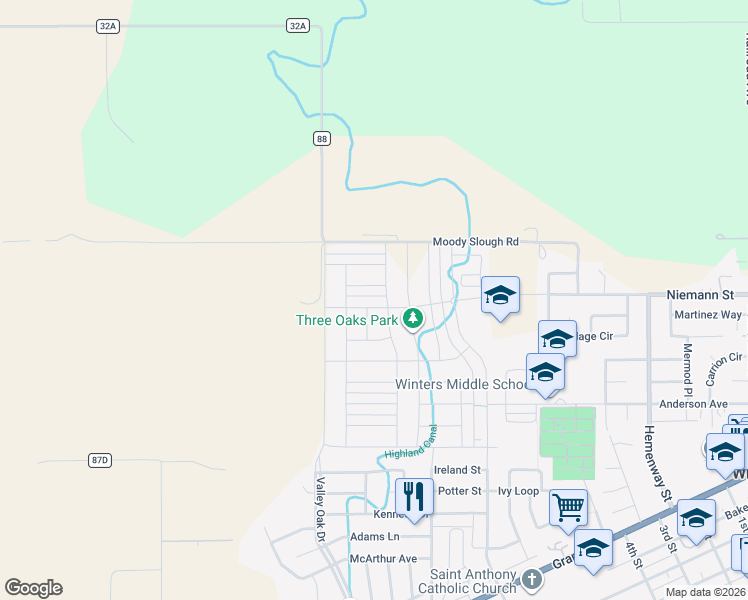 map of restaurants, bars, coffee shops, grocery stores, and more near 28001-28199 Castle View Lane in Winters
