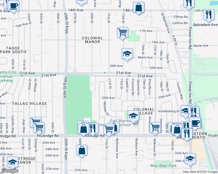 map of restaurants, bars, coffee shops, grocery stores, and more near 4940 71st Street in Sacramento