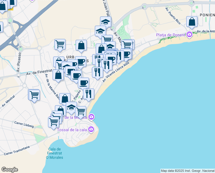 map of restaurants, bars, coffee shops, grocery stores, and more near 23 Avenida Vicente Llorca Alós in Benidorm