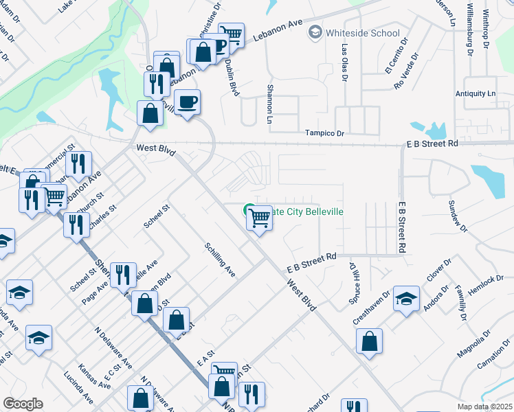 map of restaurants, bars, coffee shops, grocery stores, and more near 2511 Eastview Dr in Belleville