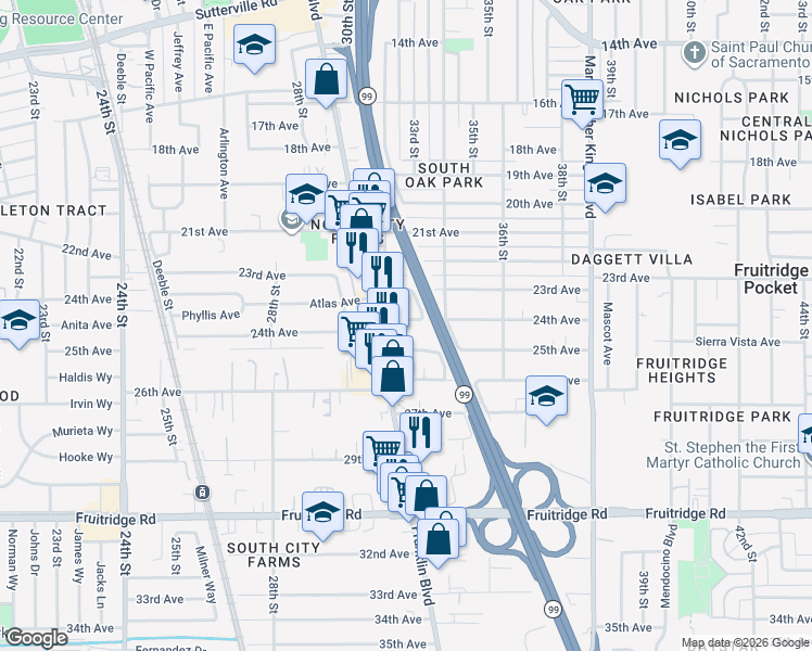 map of restaurants, bars, coffee shops, grocery stores, and more near 3250 24th Avenue in Sacramento