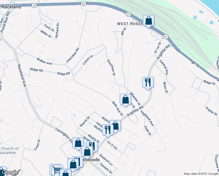 map of restaurants, bars, coffee shops, grocery stores, and more near 1207/12 Midland Drive in Flatwoods