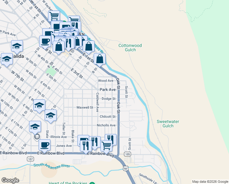 map of restaurants, bars, coffee shops, grocery stores, and more near 201 Walnut Street in Salida