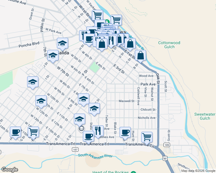 map of restaurants, bars, coffee shops, grocery stores, and more near 124 Blake Street in Salida