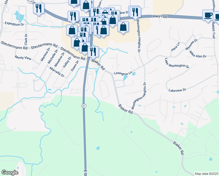 map of restaurants, bars, coffee shops, grocery stores, and more near 36 Whispering Oaks Drive in Washington
