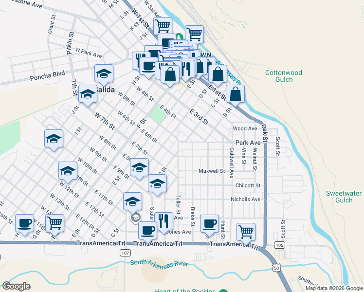map of restaurants, bars, coffee shops, grocery stores, and more near 124 Blake Street in Salida