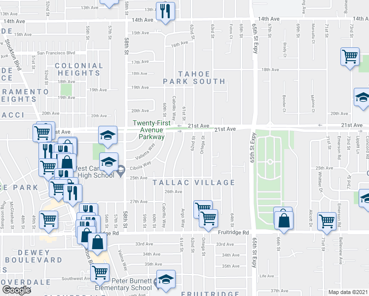 map of restaurants, bars, coffee shops, grocery stores, and more near 4901 61st Street in Sacramento