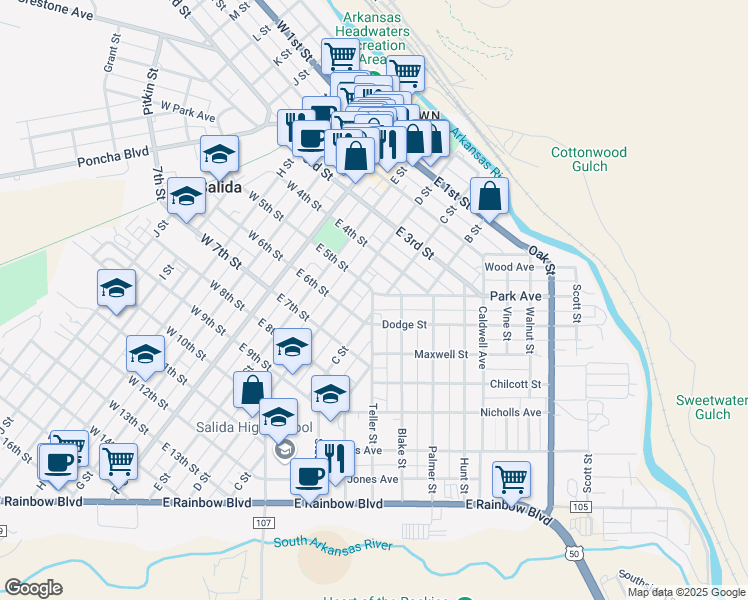 map of restaurants, bars, coffee shops, grocery stores, and more near 546 C Street in Salida