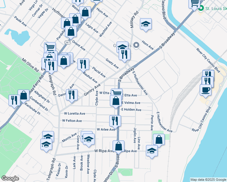 map of restaurants, bars, coffee shops, grocery stores, and more near 9521 South Broadway in St. Louis