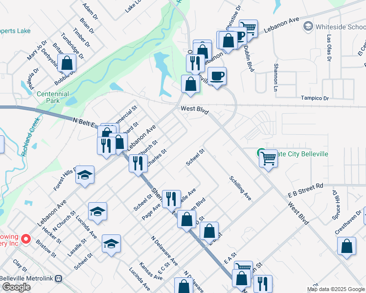 map of restaurants, bars, coffee shops, grocery stores, and more near 1831 Lasalle Street in Belleville