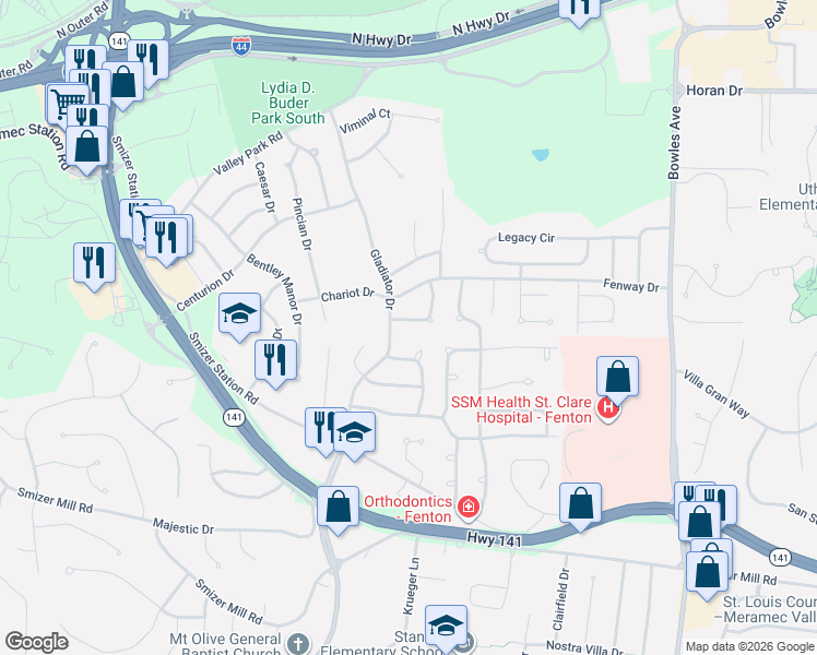 map of restaurants, bars, coffee shops, grocery stores, and more near 2212 Gladiator Drive in Fenton