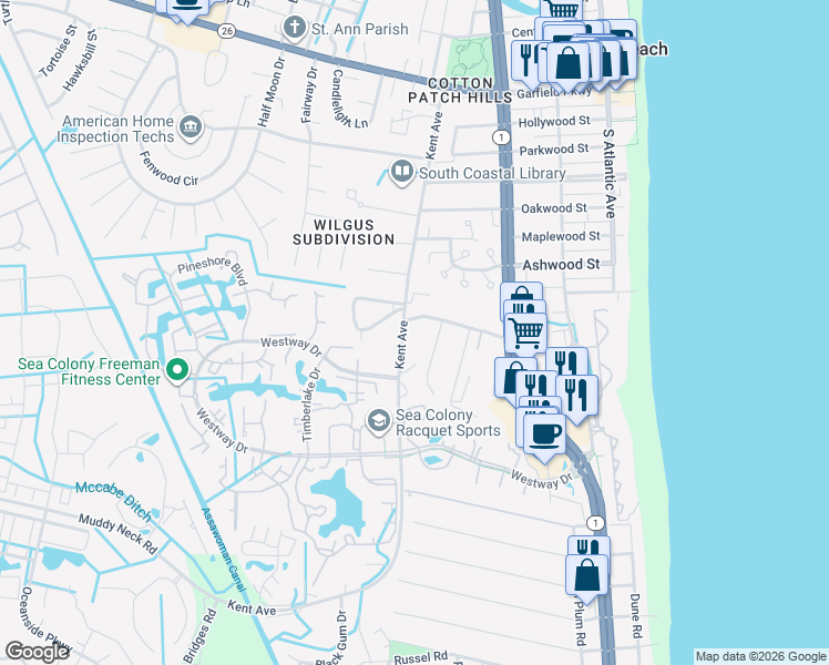 map of restaurants, bars, coffee shops, grocery stores, and more near 33249 Kent Avenue in Bethany Beach