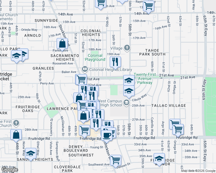 map of restaurants, bars, coffee shops, grocery stores, and more near 5332 22nd Avenue in Sacramento